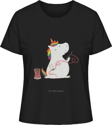 Produktbild von Mr. & Mrs. Panda Basic T-Shirt Damen Einhorn Näherin Größe L - Schwarz - Geschenk, Nähen, Oberteil, Baumwoll, Häkeln, Unicorn, Einhörner, Shirt, Stricken