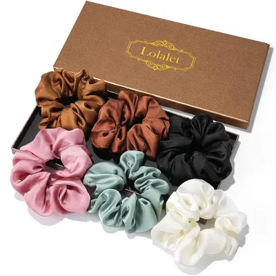 Image de Lolalet Soie Scrunchies Chouchous 6 pièces, Chouchous en satin Femmes Filles 6 couleurs - Marron Lilas Vert Blanc Noir