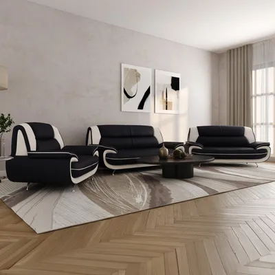 Produktbild von Sofa Set 3-2-1 für Wohnzimmer – Bequeme Schwarz-Weiß Couchgarnitur mit 3-Sitzer, 2-Sitzer & Sessel aus Kunstleder