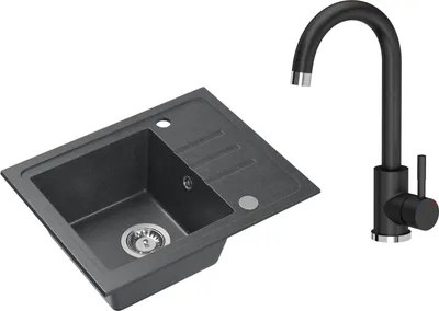 Produktbild von VBChome Spülbecken Granit Schwarz mit Armatur 55 x 44 cm Einzelbecken Einbauspüle Gesprenkelt Reversibel Granitspüle Siphon Waschbecken Armatur