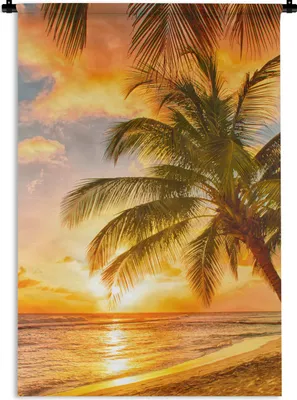 Produktbild von MuchoWow® Wandteppich Wandbehang Sonnenuntergang - Palme - Wolken - Meer - Strand 90x135 cm Tapisserie Dekoration Wandtuch - Baumwolle - Wandskulptur