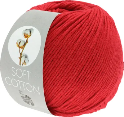 A ball of red yarn with a label showing cotton bolls.