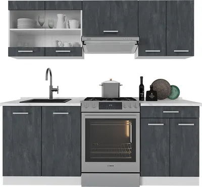 Produktbild von Küchenzeile Vicco R-Line Schwarz Beton/Weiß 200 cm AP Marmor, Model 47442