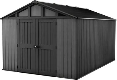 A dark gray Keter Stronghold garden shed is shown from a three-quarter front view against a white background.