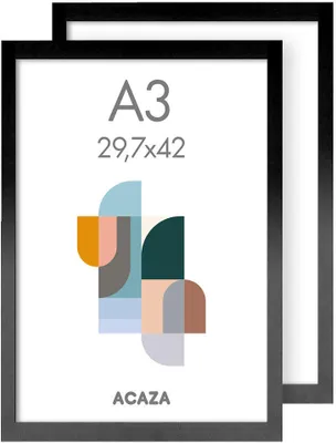 Two A3 picture frames are shown, one slightly behind the other, against a white background. The front frame displays a graphic design with abstract shapes and the text 'A3' and '29,7x42'.