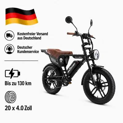 Produktbild von APE RYDER Genon Ultra E-Bike 20 Zoll Fatbike, 250W Motor, 48V 15Ah Akku (100-130 km), Shimano 7-Gang, Doppelscheibenbremsen,Schwarz, KI-generiertes Bild
