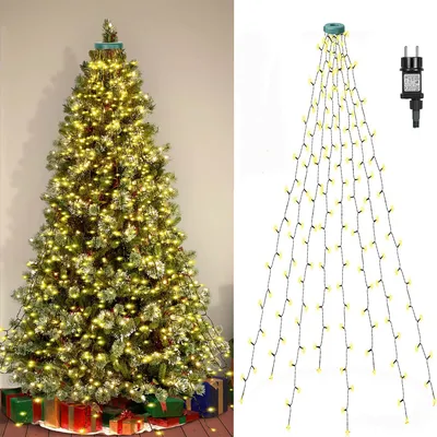 A collage showing a decorated Christmas tree on the left and a string of Christmas lights arranged in a tree shape on the right.