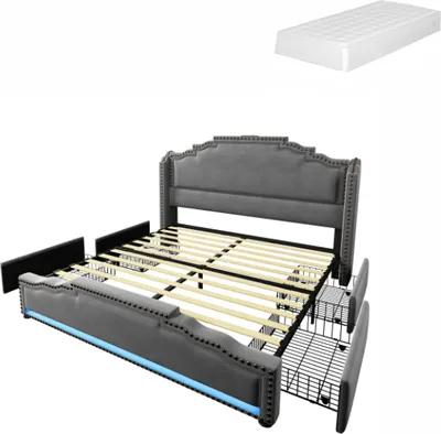 Produktbild von Polsterbett 160x200cm Grau Doppelbett 4 Schubladen LED-Beleuchtung USB-C Ladeanschluss Stauraumbett Jugendbett Lattenrost Samt Mit Matratze