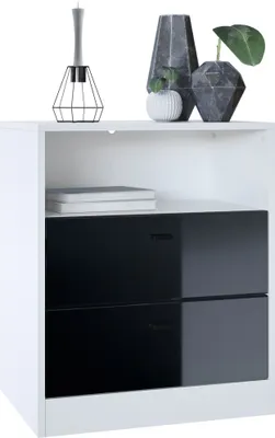Produktbild von Vladon Kommode Pino V1,  Germany, Nachttisch mit 2 Schubladen & 1 offenem Fach, Weiß matt/Schwarz Hochglanz ohne LED (56 x 67,5 x 36 cm)