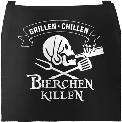 Produktbild von Grill-Schürze für Männer mit Spruch Grillen Chillen Bierchen Killen Pirat Skull Bier Spruch lustig Baumwoll-Schürze Küchenschürze Moonworks® schwarz unisize