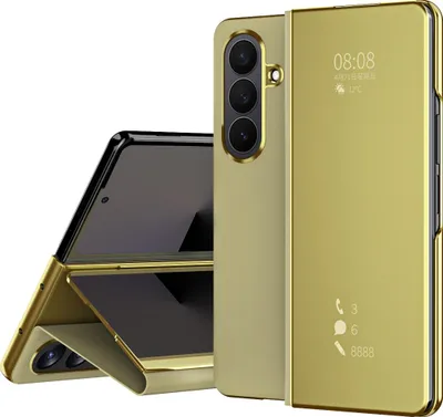 Produktbild von Hülle für Samsung Galaxy Z Fold 7 Lichtdurchlässigen Spiegel Abdeckung, Klappetui Ständer Kunstleder Schutzhülle Gold
