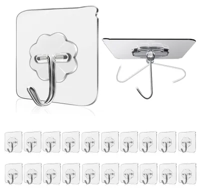 Productafbeelding van Zelfklevende handdoekhaken, maximale draagkracht 15 kg, transparante, zelfklevende haken, geen boren nodig, waterdicht, oliebestendig, keukenhaakjes voor badkamer, keuken en toilet (20 stuks)
