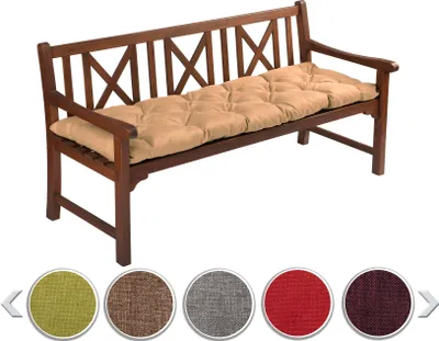 A wooden bench with a cushion on it, shown against a white background. Below the bench are swatches of different cushion colors.