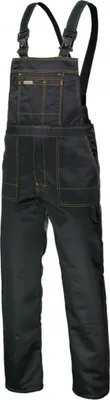 A black pair of work overalls is shown against a white background.