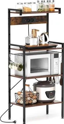 A multi-tiered kitchen shelf unit holding various kitchen appliances and items.