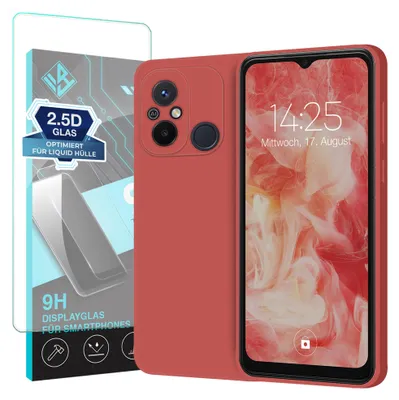 Produktbild von Hülle für Xiaomi Redmi 12C mit 9H Displayglas Displayschutz Case Cover Bumper Smartphone Softgrip Schutzhülle Farbe: Rot