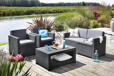 Produktbild von Allibert by Keter, Gartentisch Monaco, Polyrattan, graphitgrau, 92 cm x 59 cm x 43 cm (L x B x H), witterungsbeständig, pflegeleicht, mit Ablagefach, schnelle Montage, schlichte, moderne Rattan-Optik