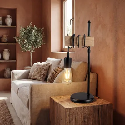 Produktbild von Tischlampe Metall geflammtes Holz Schwarz E27 Retro Design Nachttischlampe