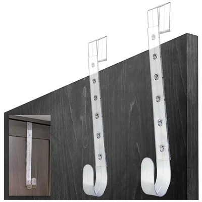 Two clear plastic over-the-door hooks are shown hanging on a dark wooden door.