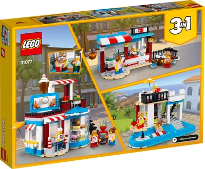 A collage of three different LEGO Creator modular building sets, showing various configurations and play scenarios.