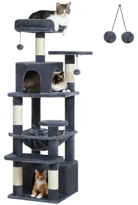 Produktbild von Katzenbaum Kratzbaum - 6 Ebenen - 136 cm hoch - 2 Höhlen & 2 Liegeflächen - Hängematte & Spielball - 5 Kratzsäulen - dunkelgrau