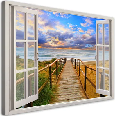 Produktbild von Leinwandbild Blick aus dem Fenster Meer Himmel Natur 60x40 Feeby Blau bild für die wand bereit zum aufhängen