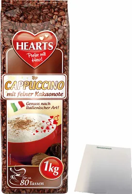 Produktbild von Hearts Cappuccino mit Kakao Instant Kaffeepulver (1kg Beutel) + usy Block