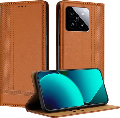 Produktbild von Handyhülle für Xiaomi 14 Leder Flip Klappbare Schutzhülle mit Standfunktion Braun
