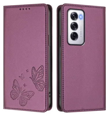 Obrázek produktu pro Kožené pouzdro pro Oppo Reno12 5G, motýlí ražbou, peněženkové flip pouzdro se stojánkem Fialová