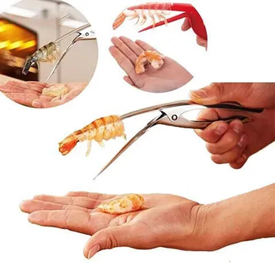 Collage of images showing a shrimp peeling tool in use and demonstrating its function.