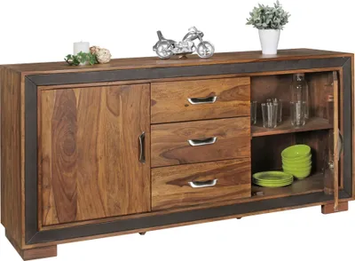 Produktbild von KADIMA DESIGN Sideboard Sheesham Massivholz 160x44x80 cm Kommode Schubladen Türen Kunstleder