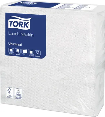 Produktbild von Tork Servietten 30 x 30 cm, weiß, 1/4 Falz, 1-lagig, Packung à 100 Stück