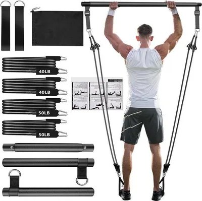 Produktbild von Pilates Bar Set, verstellbar, 4 Bänder, Schaumgriff, Türanker, für Yoga, Stretching, Fitness zu Hause
