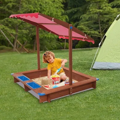 Produktbild von Sandkasten mit Dach, 126x121x118cm Holz Sandkasten Sandmuschel mit Deckel Kindersandkasten Holzsandkasten Sandkästen für Garten Hinterhöfe Strände für Kindern Alter von 3-14 Jahren (Rot Braun)