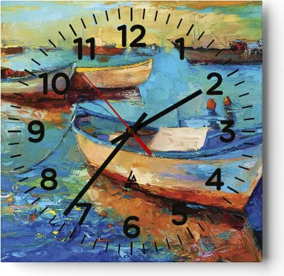 Produktbild von Wanduhr - Quadrat - Glasuhr - Łódź Hafen Bunt - 30x30cm - Schleichendes Uhrwerk - Lautlos - zum Aufhängen bereit - Dekoration Modern - Wanddekoration aus Glas - C4AC30x30-4160