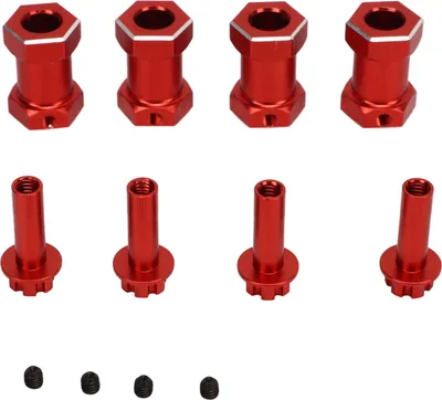 Obrázek produktu pro Šestihranné náboje RC kol, 4dílné 12mm hliníkové v červené barvě, náhrada a upgrade pro pásová a terénní vozidla 1/10