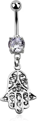 Produktbild von Bauchnabelpiercing Hamsa Hand der Fatima 925 Silber Anhänger Kristall Autiga® silber-lavendel 8 mm