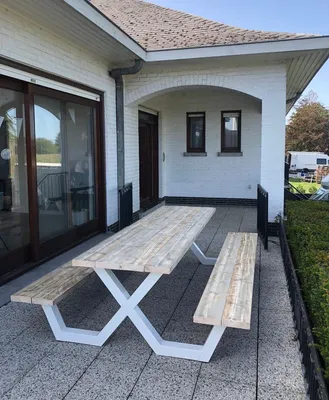 Produktbild von Picknickbank Gerüstholz mit Stahlfüße X