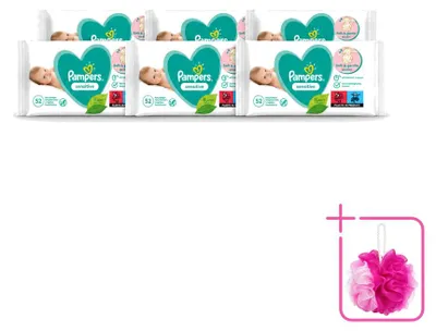 Immagine prodotto di 6 confezioni di salviette umidificate Pampers Sensitive per neonati, contenenti 52 salviette ciascuna, confezione risparmio - 6 pezzi