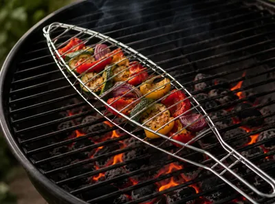 Productafbeelding van Parrilla BBQ Visklem 42 x 9 cm – Grillklem voor Vis, Groenten en Vlees – Barbecue Visrooster – Verchroomd Staal, AI-gegenereerde afbeelding