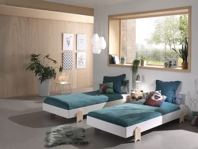 Produktbild von Vipack Modulo Art. Set best. aus 2 Einzelbetten/Stapelbetten je 90 x 200 cm Liegefläche, weiß lackiert, Fuß Pfeil-Optik Kiefer natur lackiert