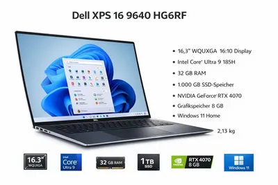 Produktbild von DELL XPS 9640, Intel Core Ultra 9, 41,4 cm (16.3"), 3840 x 2400 Pixel, 32 GB, 1 TB, Windows 11 Home