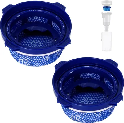 Two blue and white vacuum cleaner filters are shown on a white background. A small diagram of a vacuum cleaner part is in the upper right corner.