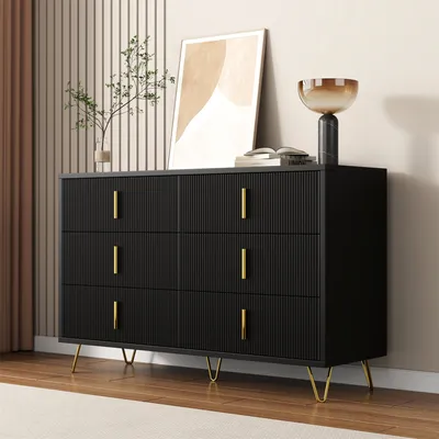 Produktbild von okwish Kommode Sideboard mit viel Stauraum, Schrank mit 6 Schubladen, Schubladenschrank Anrichte für Wohnzimmer, 120x40x70cm, Schwarz
