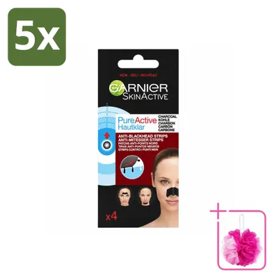 Imagen del producto de 5 tiras anti-granos Garnier Pure Active, con carbón activado, para nariz, frente y barbilla. Pack económico, 5 unidades