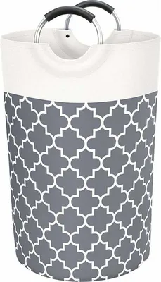 A laundry basket with a geometric pattern.