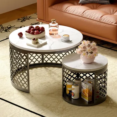 Produktbild von STILVORA Couchtisch-Set mit geometrischem Hohlmuster, Beistelltisch 2er-Set mit integrierter Haustierfunktion und Polsterung, Wohnzimmertisch Schwarz