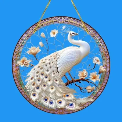 Produktbild von GKA XL Sonnenfänger weißer Pfau 20 cm Buntglas Lichtfänger Fensterbild Fenster Fensterschmuck Fensterdeko Vogel