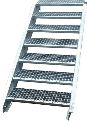 A galvanized metal staircase with seven steps against a white background.