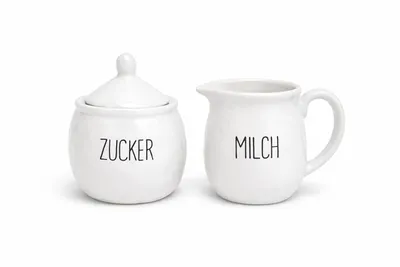Produktbild von Keramik Milch- & Zucker-Set auf Platte | 20x10x12,5 cm | modern, elegant & dekorativ – Teil der Serie mit Butterdose, Essig-Öl, Salz & Pfeffer